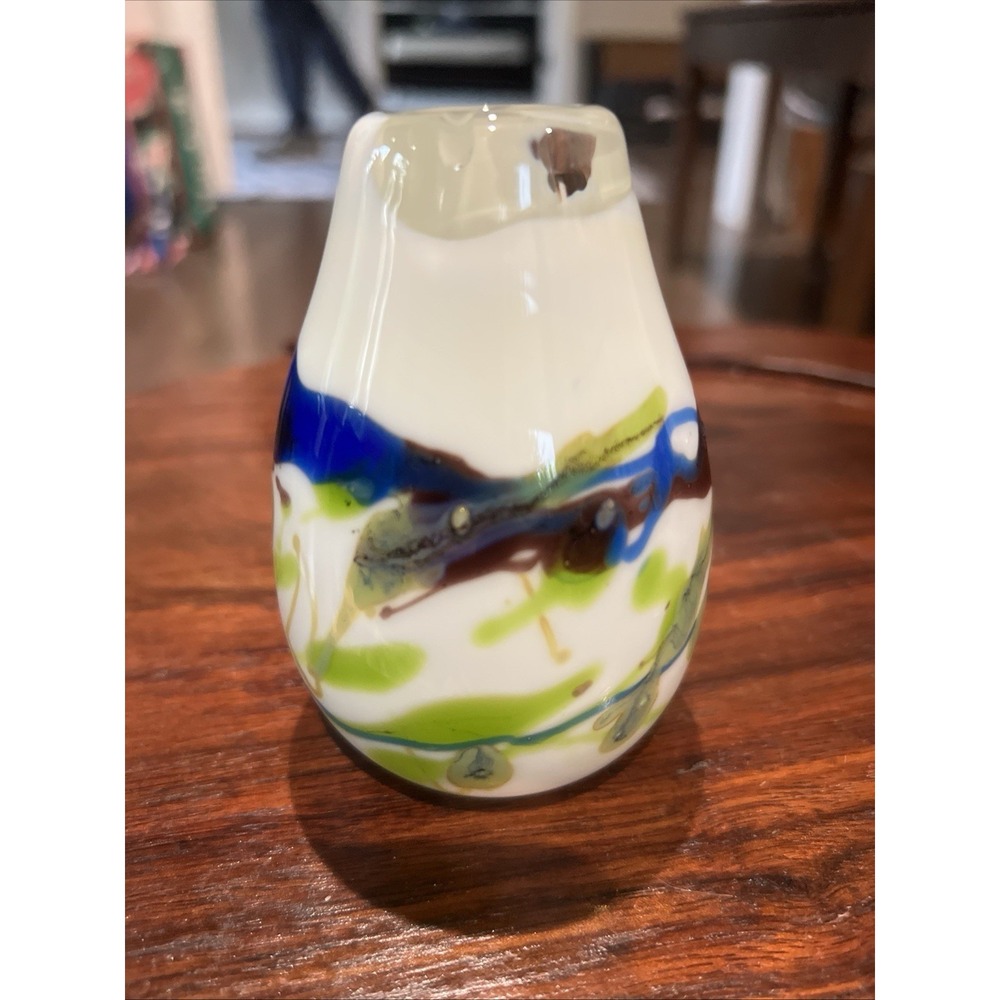 VTG 1978 Skrdlovice Czech Art Glass Vase Opaline Multicolor Trails 4"